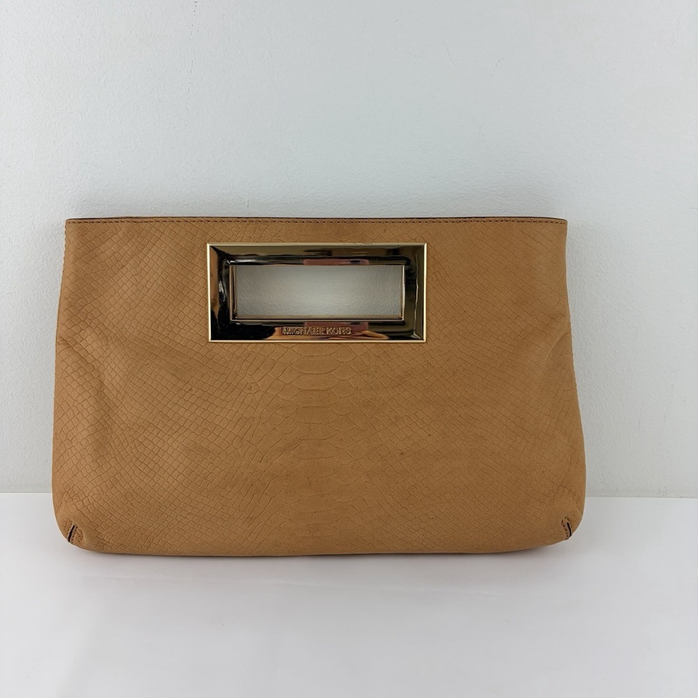 Michael Kors Tan Snakeskin Embossed Leather Clutch Gold Frame